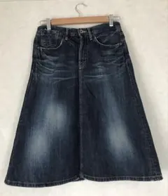 ドミンゴ★DMG デニム膝下丈スカート　台形　A ライン　ユーズド加工　ブルー
