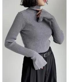 リエディ Re:EDIT フレアスリーブ ハイネック リブニット L グレー