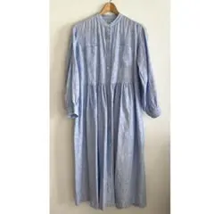 長袖 シャツワンピース リネン100% 麻 ブルーストライプ ポケットあり