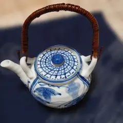 染付 急須 陶器 茶器 籐巻き