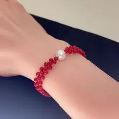 【新品未使用】SV手作り赤い珊瑚ビーズとパールのブレスレット