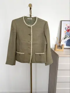 DANAPARIS ノーカラーオリーブグリーンツイードジャケット 11 サイズ