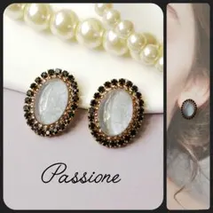 【一点物】パールグレー＆ブラックストーンオーバル ピアス/イヤリング