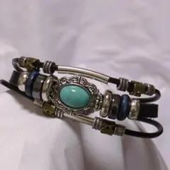 ブレスレット ターコイズブルー ブラック ヴィンテージ風 ナバホ族