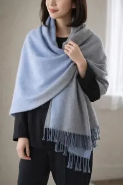INDIVI インディヴィ ストールリバーシブル ブルー×グレー フリンジ　美品