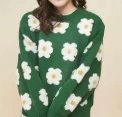 OLIVE des OLIVE 花柄ニットセーター 緑色 デイジー フリーサイズ