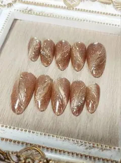 ブラウンベージュ　ミラーゴールド　ストーン　ニュアンス　ネイルチップ