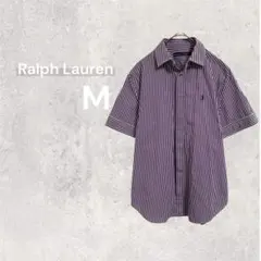 【美品】ラルフローレン ストライプ柄 シャツ トップス 半袖 綿 M ロゴ刺繍
