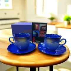 未使用品 九谷焼 青い陶器製コーヒーカップ・ソーサーセット 連山 ペア