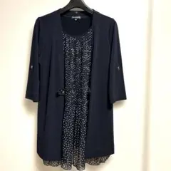 Sanpigalle ネイビー ドット柄 重ね着風カーディガンチュニック M