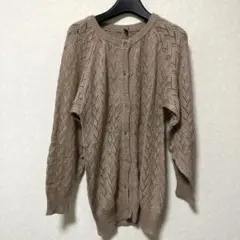 【美品】ベージュ　透かし編みリネン混ロングカーディガン