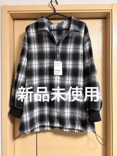 新品未使用　チェック柄ジップアップシャツ L ブラック　ハーフジップ　冬　秋