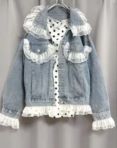フリル付きライトブルーデニムジャケット レース