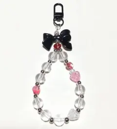 ハンドメイド リボン ハートビーズ 携帯ストラップ チャーム 赤 黒 クリア
