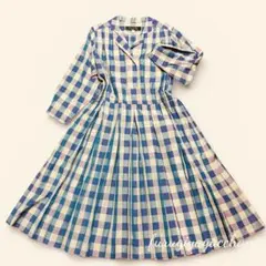 ELLE PARIS チェック柄 ロングワンピース 七分袖 プリーツ　パープル