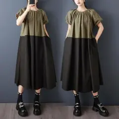 新品 バイカラーワンピース カーキゆったり 半袖 マキシ丈 3L体型カバー