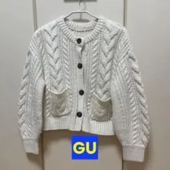 GU／ジーユー (M) ニットカーディガン ショート丈 ケーブル編み
