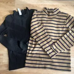 110 ストライプ ハイネック カットソー　茶系　ブラック