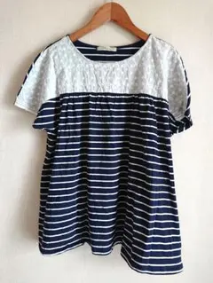 little lily☆ネイビー ボーダー レース切替 カットソー ゆったりのサムネイル