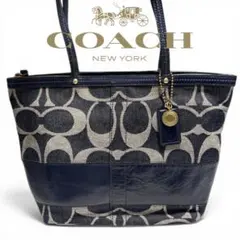 ［美品］COACH コーチ　トートバッグ　デニム　シグネチャー　ネイビー　紺