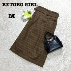 レトロガール　チェック柄ロングスカート　ベルト付　ブラウン　スリット　Mのサムネイル
