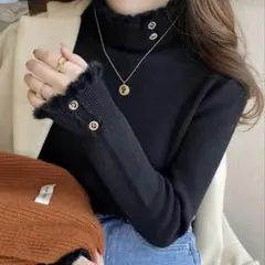 ゴールドボタン付き レディーストップス フレンチ風ハイネックセーター 裏起毛