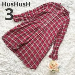 【ハッシュアッシュ】チェック シャツ ロングワンピース レーヨン 薄手 赤 3