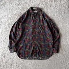 ペリーエリス 90s レーヨン シャツ 長袖 L USA製 総柄 カーキ系のサムネイル