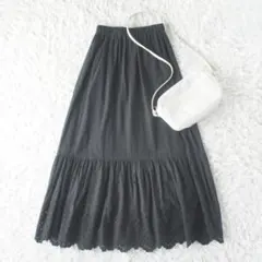 ガリャルダガランテ　コットン刺繍ティアードロングスカート　ブラック　ウエストゴム