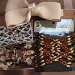 ベージュリボンとビーズヘアピンセット（未使用）