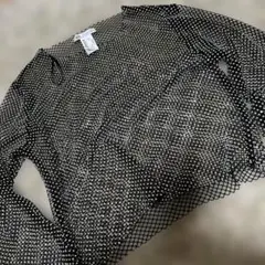 送料込みZARA ビーズ付きブラックメッシュトップス L