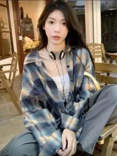 SHEIN カジュアル チェック ドロップショルダー ルーズシャツ　L