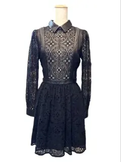 アウラアイラ 小さめ 合皮 黒レース シースルー シャツ襟 デザインワンピース