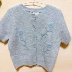 ZARA ザラ 半袖ニットカーディガン 花柄 立体刺繍 水色 M ふわふわ 春