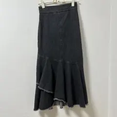 デニム ロングスカート フレアスカート カットオフ　マーメイド　ブラック　ビサビ