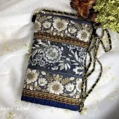 インド刺繍リボン　スマホショルダーバック　ポーチ　サコッシュ　ネイビー＆グレー