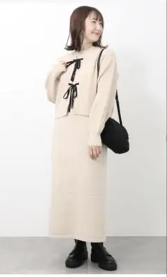 ニットワンピース カーディガン付き ベージュ