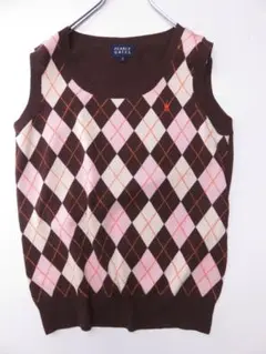 【値下げ】パーリーゲイツ　ニットベスト　アーガイル　茶　刺繍入り　２　ゴルフ　M