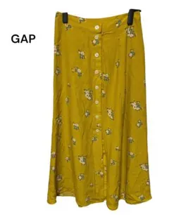 GAP ロングフレアスカート　前ボタン　花柄　　マスタード