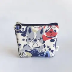 ドッグフェイス ブルー系 ミニポーチ ハンドメイド
