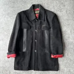 80's スエードジャケット 羊革 本革 レトロ古着 総柄 ギミック ブラック