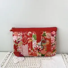 ファスナーポーチ*和雑貨*花ボタン*通帳ケース*着物リメイク