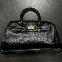 【高級感◎】本革オーストリッチ風 ハンドバッグ ブラック 黒 ゴールド金具