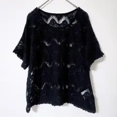 レース編みトップス【F】半袖Tシャツ　黒透け　無地