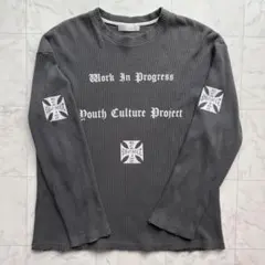 y2k ダメージ加工　ワッフルロングTシャツ ゴシックロゴプリント　コットン