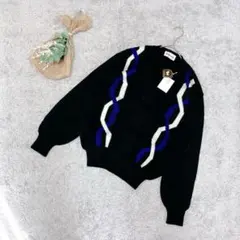 C2【ピエールカルダン】タグ付き✨幾何学模様ブラック/ニットカーディガン/Mのサムネイル