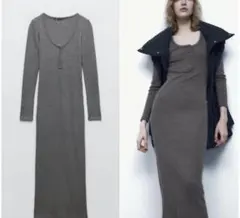ZARA ニットワンピース　グレー　リブニット　ロング