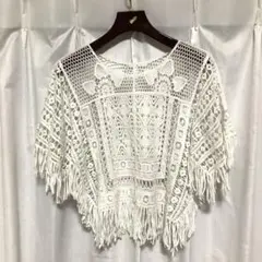 ホワイト クロシェ編み ノースリーブ トップス ジレ - メルカリ