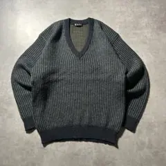 ヴィンテージ グレー グリーン Vネック デザイン レトロ ニット セーター