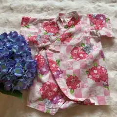 ❤️くろわっさんすべべ❤️サイズ80紫陽花うちわ柄チェック甚平ロンパース浴衣美品